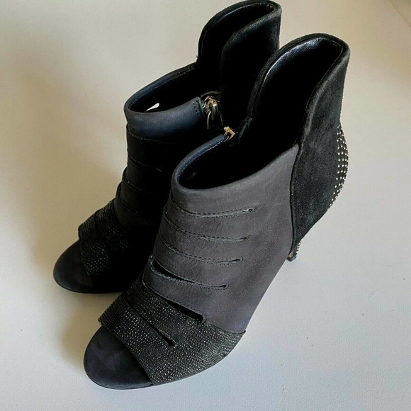 Rebecca Minkoff Reagan Too Peep Toe Combo Bootie heel Stud Cut Out Black… - Picture 4 of 8